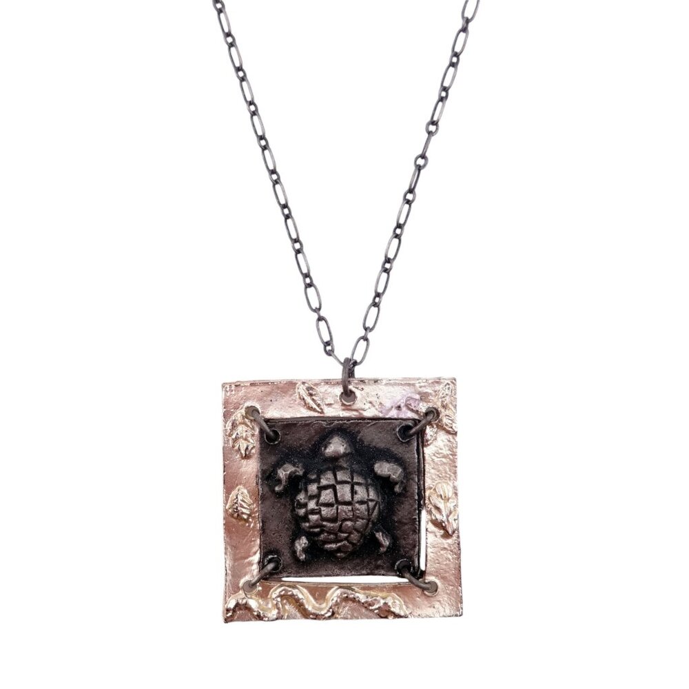 Anju Antiqued Pewter Turtle with Shiny Pewter Border Pendant Necklace - NEW